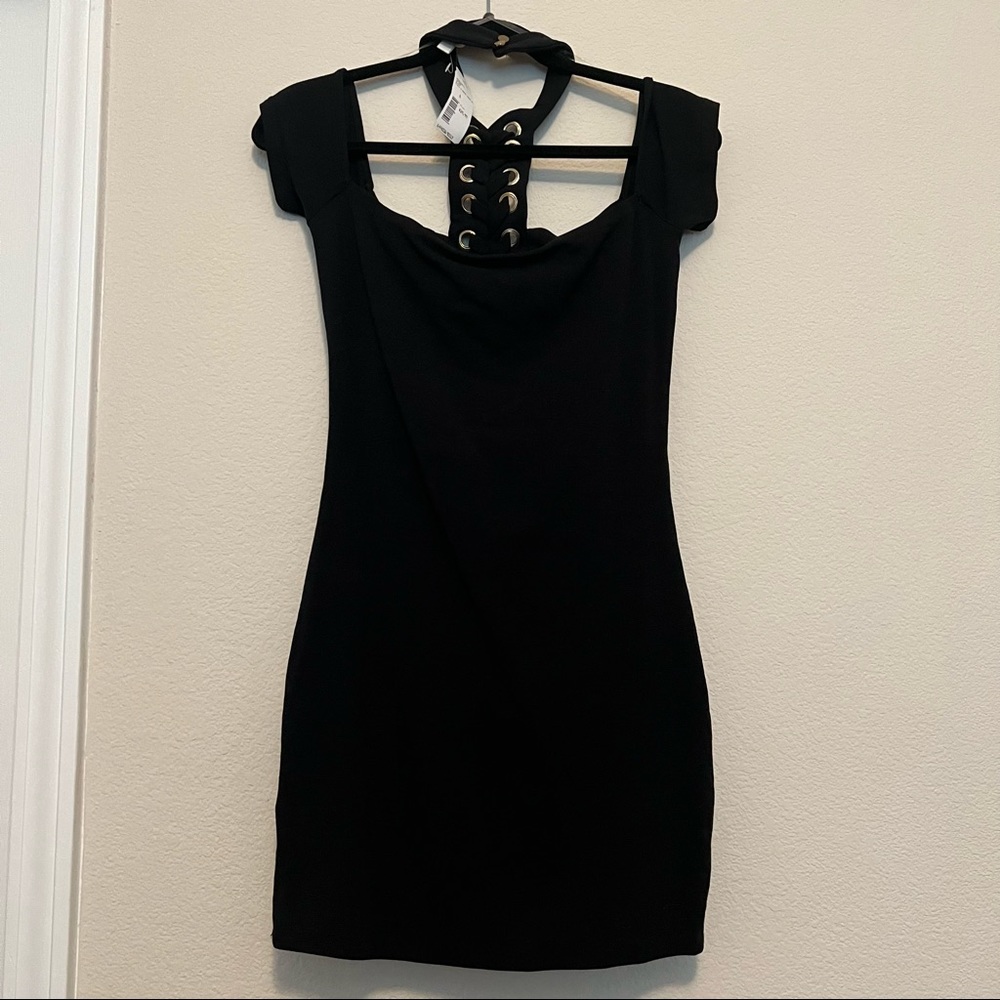 New Black Mini Dress with Lace-up Back Detail & Choker Neckline Size L